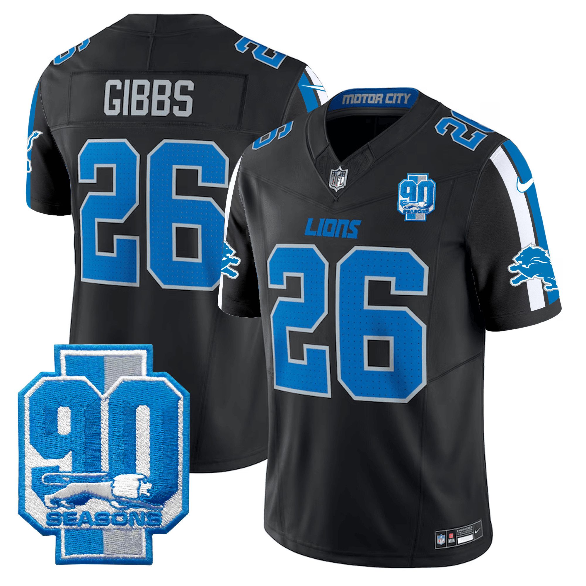 Men Detroit Lions #26 Gibbs Black 2024 Nike 90th Year Patch Vapor Limited NFL Jersey